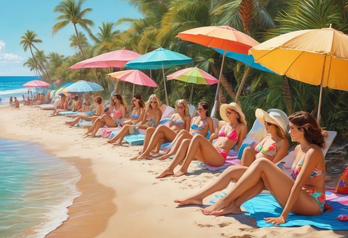 An artistic representation of women in colorful bikinis from various eras, showcasing the evolution of beachwear. Include a vibrant beach scene with retro umbrellas and sunbathers, highlighting the cultural shifts in fashion. Surround the scene with waves and tropical elements to emphasize a lively atmosphere. Soft pastel colors and a touch of nostalgia enhance the visual appeal. painting. vibrant colors. beach atmosphere.