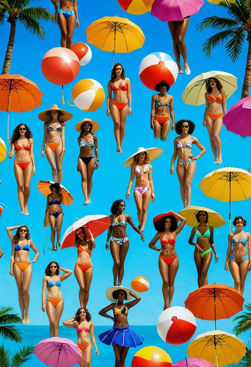 A stylish chronological timeline featuring various bikini styles from different eras, each represented by diverse models of various ethnicities on a sunny beach, surrounded by vintage swimwear influences and iconic cultural elements from each decade. Bright beach umbrellas, colorful beach balls, and palm trees enhance the scene, illustrating the evolution of swimwear with a fun and vibrant atmosphere. super-realistic. vibrant colors. beach setting.